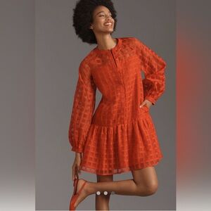Anthropologie, English Factory Long-Sleeve Organza Mini Dress, Red, XS